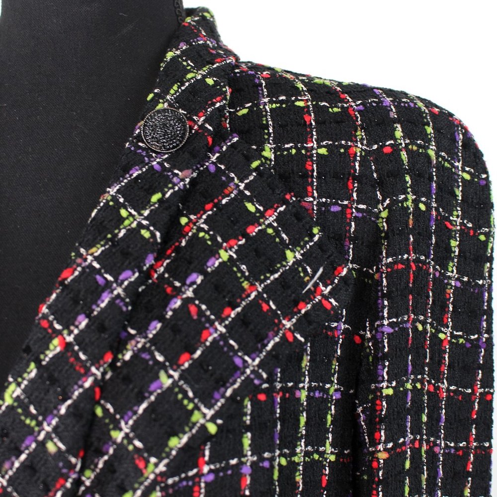 Chanel Black Multicolor Plaid Tweed Ostrich Feather Trim Cuffs Blazer Jacket 44 - Picture 5 of 10